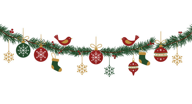 Festive holiday garland with ornaments and birds on pine branches - Powered by Adobe