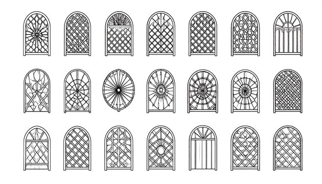 Collection of 30 arched window designs, various geometric patterns