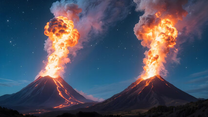 Dual Volcanic Eruptions with Fiery Lava and Explosive Smoke Plumes Under Starry Night Sky