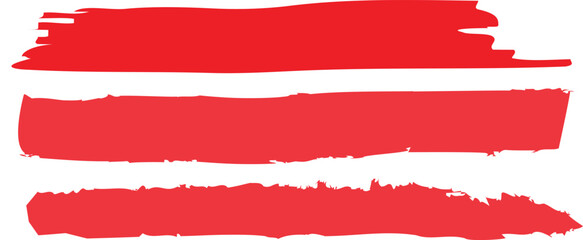 Red paint brush stroke set on white background with rough edges. Grunge-style horizontal lines ideal for banners, highlights, or design accents. Isolated vector art for creative projects.