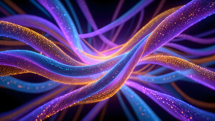 Interwoven Streams of Light A Dance of Violet Blue and Gold Hues in Digital Fiber Art