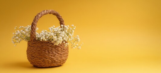 The decorative woven basket filled with delicate white flowers against a bright background.