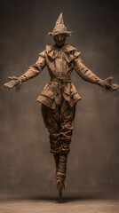 Fototapeta premium Stylized Humanoid Figure Resembling Scarecrow Suspended Mid-Air with Earthy Texture and Dramatic Atmosphere