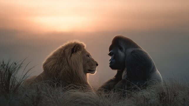 A lion and a gorilla face each other in a serene sunset setting amidst tall grass in the wild.