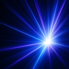 Obraz premium Radiant burst of blue and purple light beams shining outward from a central glowing point on a dark background, creating a dynamic and energetic abstract visual ideal for technology, sci-fi, and digit