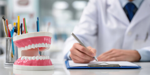 
dentist in white coat writing on clipboard at dental clinic table, realistic dental model with open mouth on desk, blurry dental tools and equipment in background