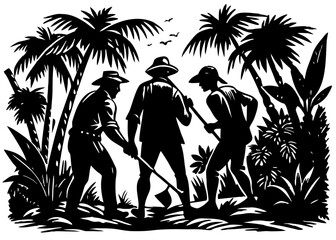 Explorers Discovering Ancient Jungle Archway Silhouette