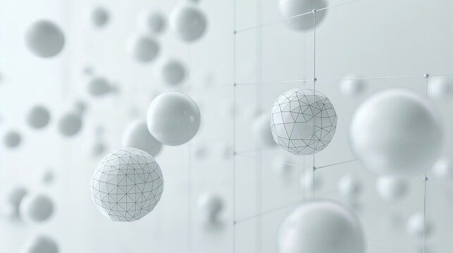 Abstract 3d rendering of floating white spheres with intricate patterns