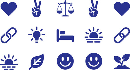 Blue icons representing hearts peace signs scales lightbulb bed sunrise link leaf and smiling faces