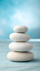 Zen balanced stack of smooth white spa stones on a tranquil blue background representing peace and relaxation