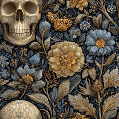 Fototapeta premium Intricate Gold And Blue Floral Pattern With A Skull