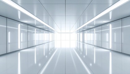 Fototapeta premium Modern Futuristic Corridor Interior with Bright White Light and Reflection.