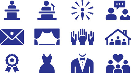 Blue Icons Representing Public Speaking Communication Celebration Awards and Community vector