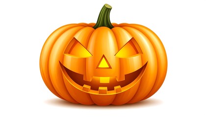 Fototapeta premium Glowing jack-o'-lantern, carved with a sinister grin, isolated on white