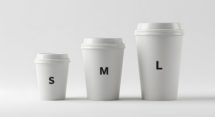 Three white coffee cups in small, medium, and large sizes representing different choices and options for your beverage.