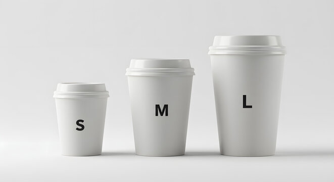 Three white coffee cups in small, medium, and large sizes representing different choices and options for your beverage.