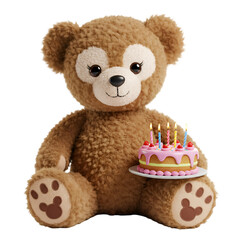 Brown teddy bear with cake and candles for party