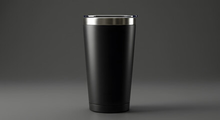 Minimalist black stainless steel travel tumbler isolated on a gray background. A product photography mockup for a reusable drink container.