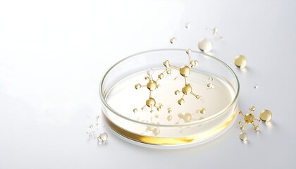 Golden molecules float in a petri dish on a white background