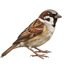 Small brown sparrow bird with feathers perched on branch