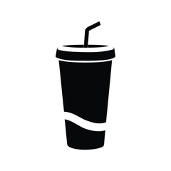 Black and white vector illustration of a disposable cup with a straw