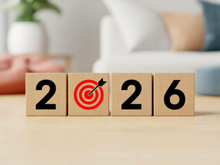 2026 Target Concept – Wooden Blocks with Arrow Symbol Representing Future Goals and Planning