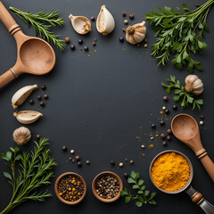 Rustic Wooden Utensils and Fresh Herbs on Black Background