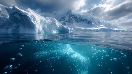An underwater view showcases icy waters with bubbles, alongside icebergs and snowy mountains in the background, highlighting a polar landscape.