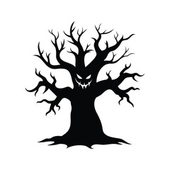 Spooky Halloween Tree with Evil Face and Bare Branches Silhouette on White