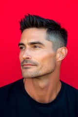 Obraz premium Red solid background. An artistic man expressing confidence in his portrait. Creative of style for aging men. Classy men's crew cut haircut - midlife white man with black hair.