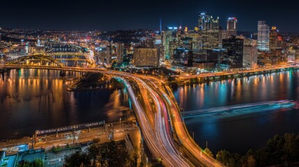 Obraz premium Nighttime cityscape of pittsburgh urban landscape city lights aerial view vibrant environment