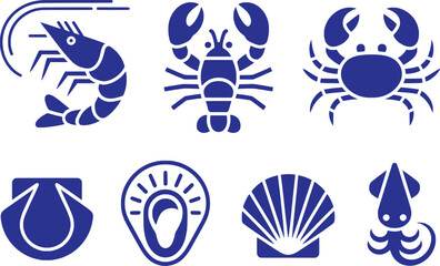 Fototapeta premium Blue seafood icons featuring shrimp lobster crab scallop squid vector