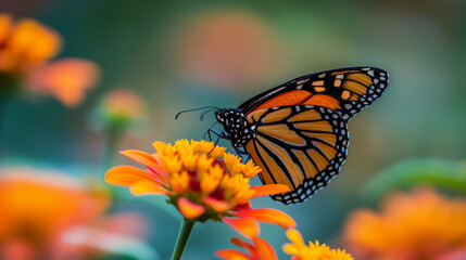 Fototapeta premium Monarch butterfly resting on a vibrant orange zinnia flower in a garden