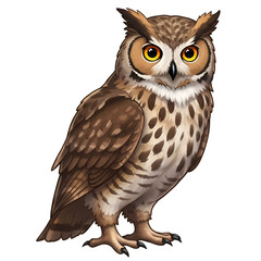Brown owl with large eyes and feathers perched wisely