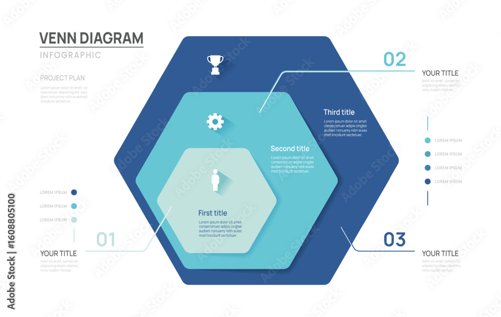 Wall mural venn diagram business infographic circle hexagon chart template 3 steps options, presentation with v