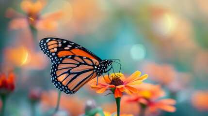 Monarch butterfly resting on a vibrant orange flower in a soft focus garden