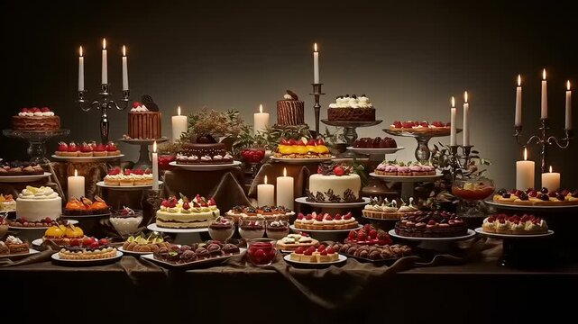 A lavish dessert display featuring an array of cakes and pastries, elegantly arranged for a celebration
