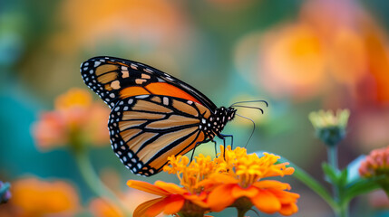 Obraz premium Monarch butterfly resting on a vibrant orange flower with a soft bokeh background