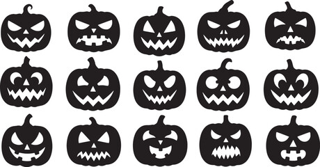 Obraz premium Black halloween pumpkins with carved faces jack o lantern, halloween, pumpkins, jack o lantern, carved, faces, spooky, scary, black, white, holiday, decoration, autumn, fall, seasonal, graphic, illust