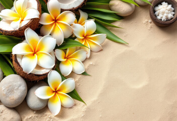 Tropical White Flowers with Coconuts and Stones on Light Sand Background