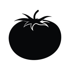 Simple silhouette of a single ripe tomato with leafy stem on white