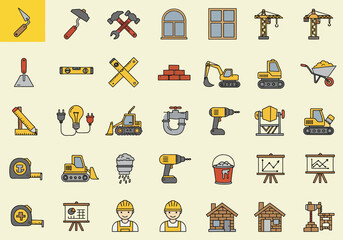 A collection of colorful construction-themed icons, including tools, equipment, building materials, and worker representations, arranged in a grid pattern.
