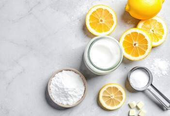 Bright Yellow Lemons and White Powder Still Life on Marble