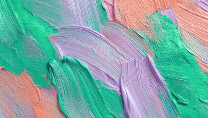 Coral pink, lavender, and emerald green paint strokes on rough canvas create a rich, earthy backdrop.