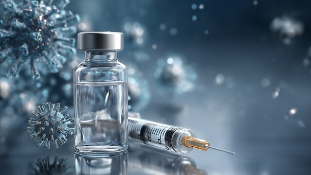 Clean healthcare composition with vaccine vial and virus structures in light blue - Powered by Adobe