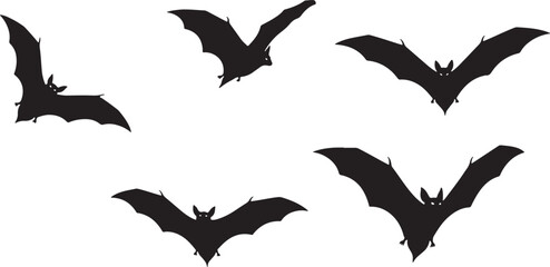 Naklejka premium Five black bats flying in various poses silhouette, bats, flying, silhouette, black, wings, night, spooky, halloween, creatures, animals, wildlife, nature, dark, flight, nocturnal, mammals, chiroptera