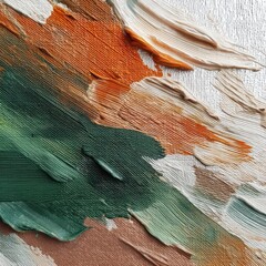 Deep emerald, burnt orange, creamy beige painted across grainy canvas for a rustic vibe.