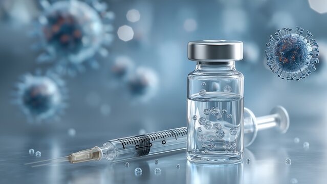 Medical injection tools and virus structures in immunization awareness theme