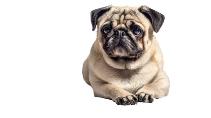 Cute pug dog sitting and looking forward isolated on transparent background