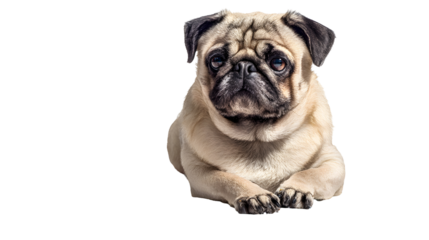 Cute pug dog sitting and looking forward isolated on transparent background